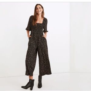 Madewell Lucie Elbow-Sleeve Smocked Wide-Leg Jumpsuit in Stem Scatter – Size 2